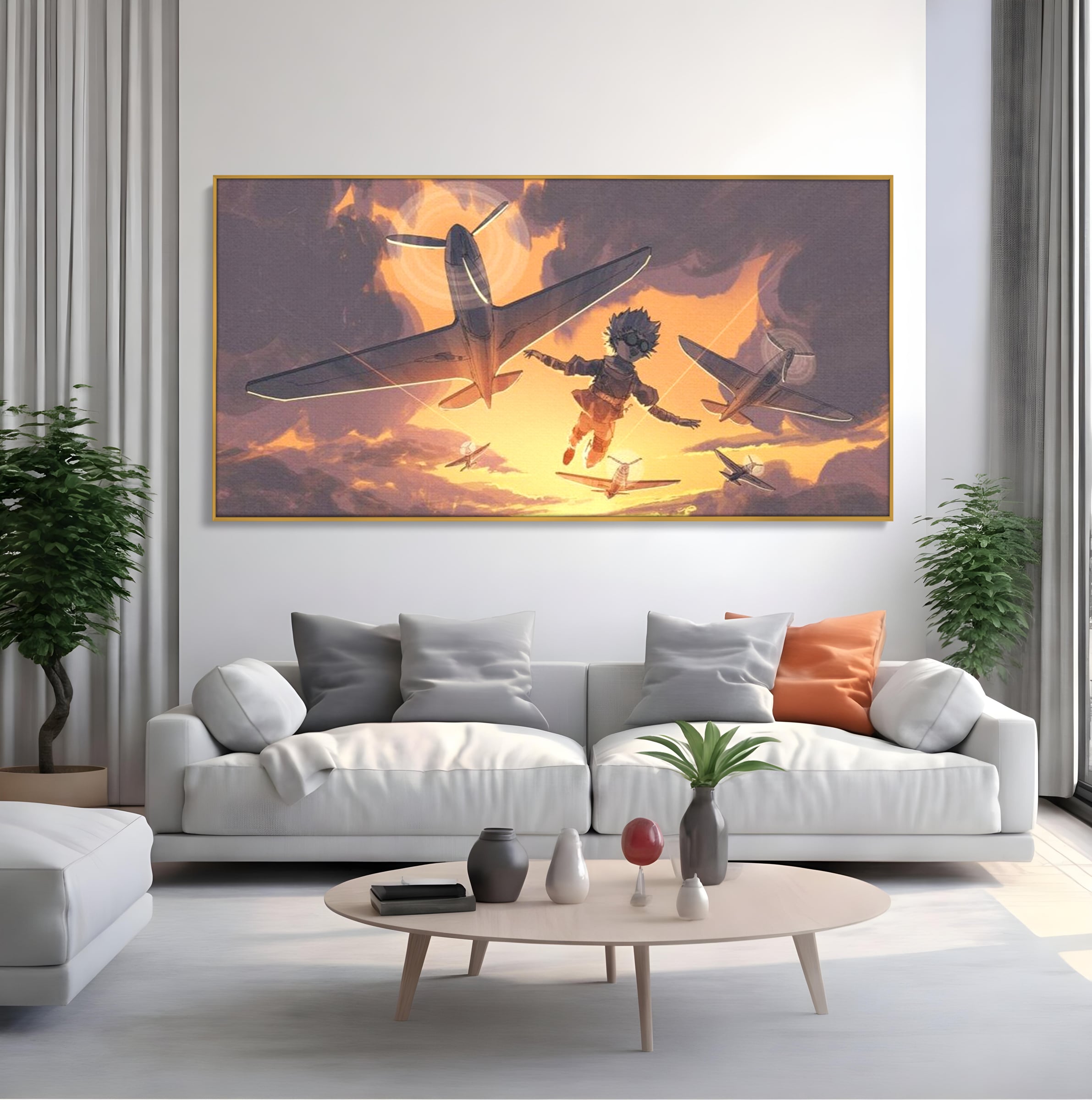 Tablou canvas cu ilustratie digitala cu un baietel zburand alaturi de avioane, in rama de aluminiu auriu, pe perete intr-un living